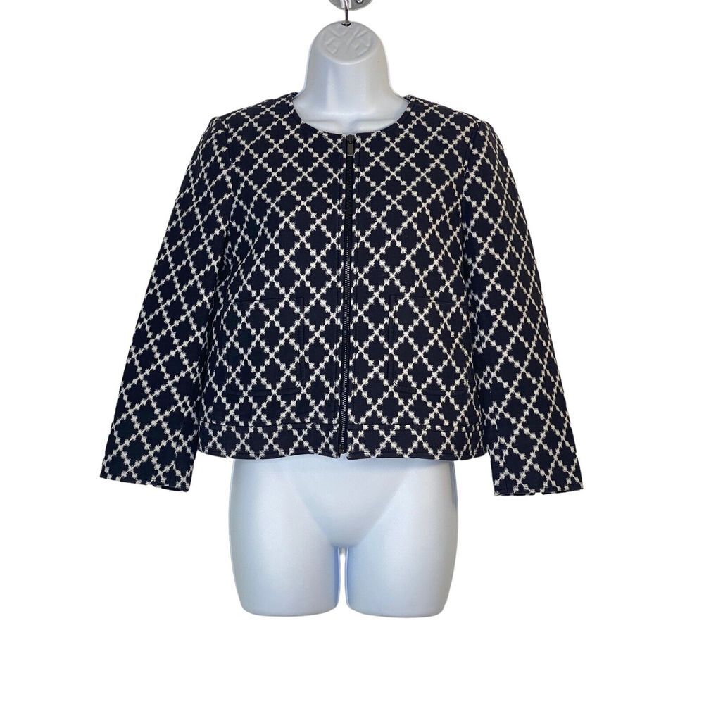 Ann Taylor Womens Blazer Zip‎ Front Boxy 3/4 Sleeve Navy Blue White Jacket Sz 6P